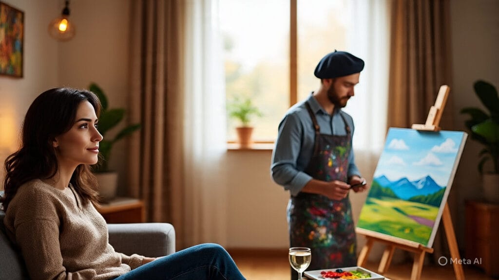 Woman Watching TV While Her Boyfriend Paints
