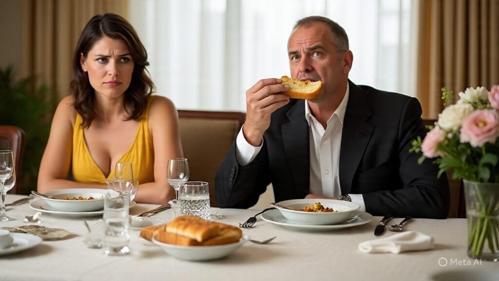 Arrogant Man Eating Garlic Bread in Front of His Wife
