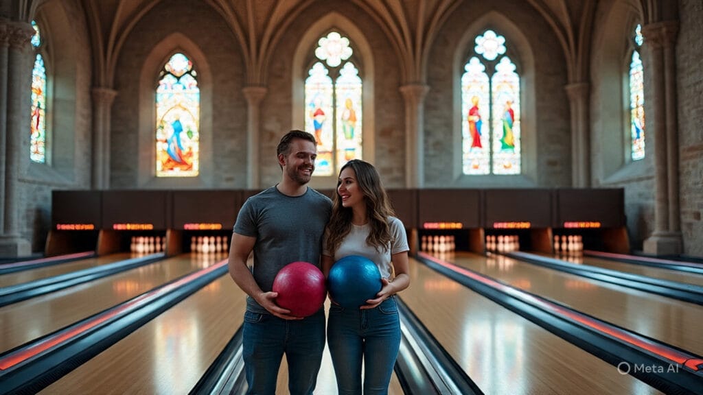 Couple Bowling Together Inside of a Church