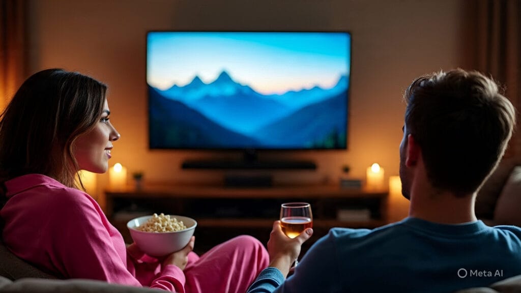 Couple in Pajamas Watching a TV Show About Hiking