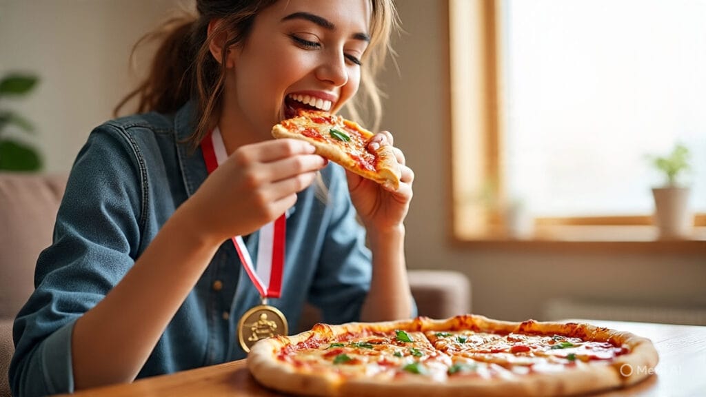 Woman Wearing a Medal and Eating a Large Pizza