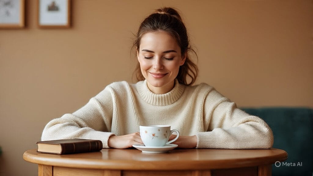 Woman Taking Deep Breathes Over a Cup of Coffee