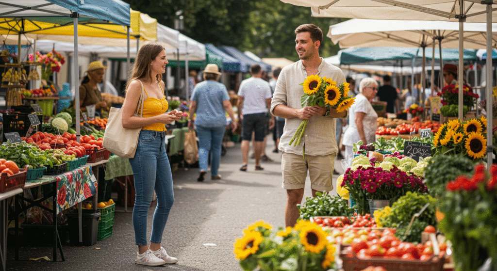 Woman Meeting Man at Farmers Market
