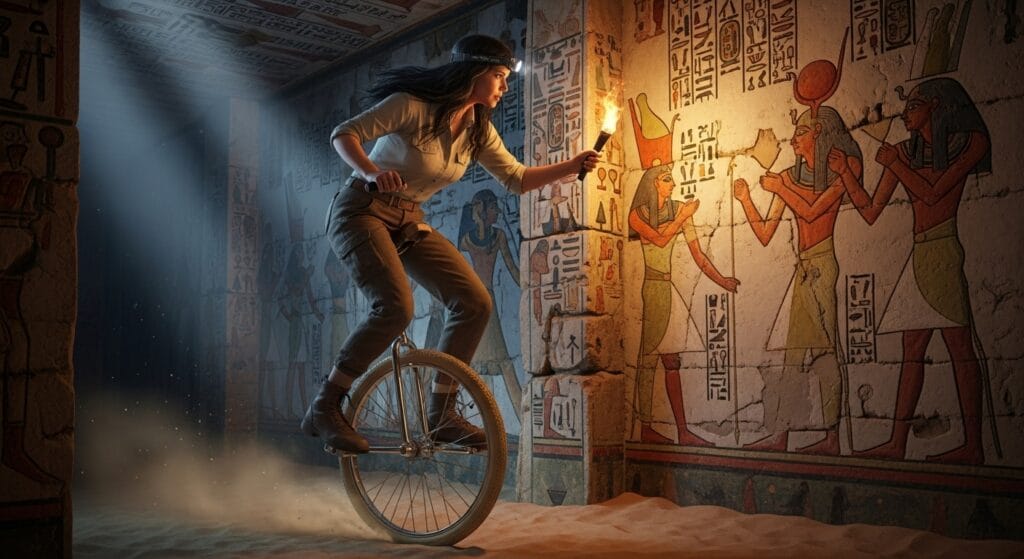 Woman Reading Ancient Hieroglyphics While Riding A Unicycle